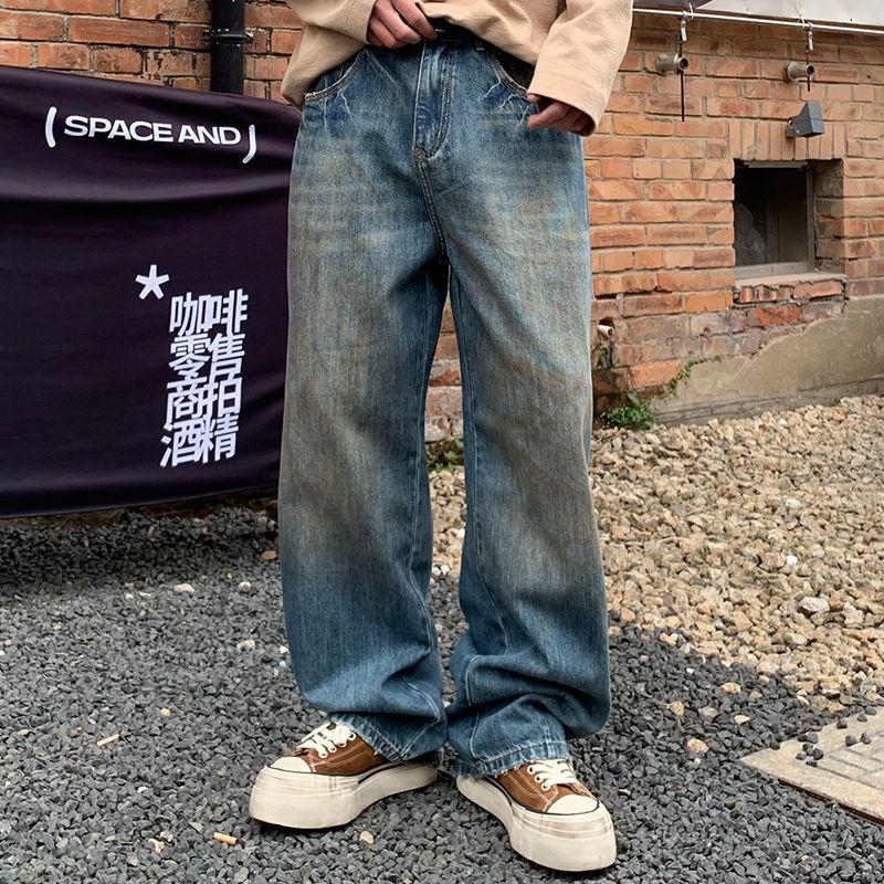 巴黎风做旧高端蓝色牛仔裤