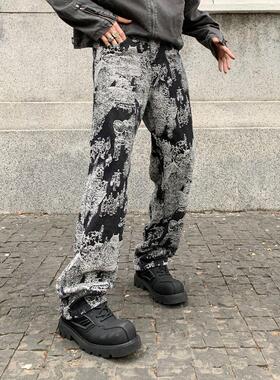 2025秋季小众阔腿新款潮牌美式复古直筒怀旧黑色水洗牛仔裤巴黎风