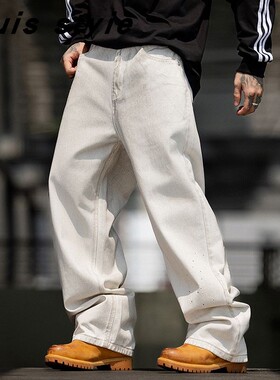 巴黎风潮牌美式复古高街白色牛仔裤男宽松直筒阔腿痞帅休闲长裤