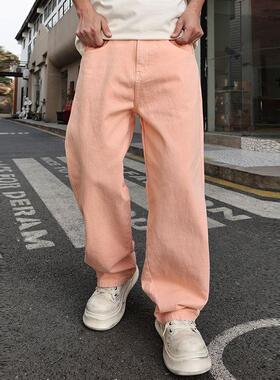 巴黎风彩色马卡龙街头洗水阔腿牛仔裤春夏新品潮牌宽松长裤