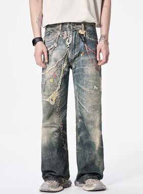 巴黎风潮牌美式复古高街链条牛仔裤男宽松直筒阔腿休闲长裤潮流