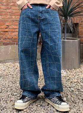 巴黎风高端蓝色弯刀牛仔裤男2025春秋款宽松百搭直筒裤