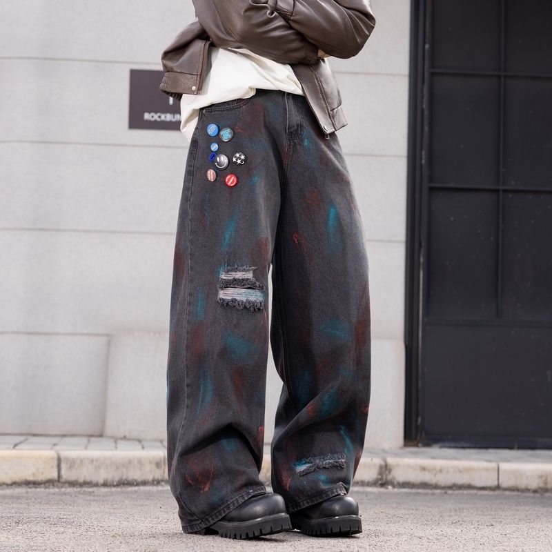 巴黎风美式复古破洞卡通牛仔裤