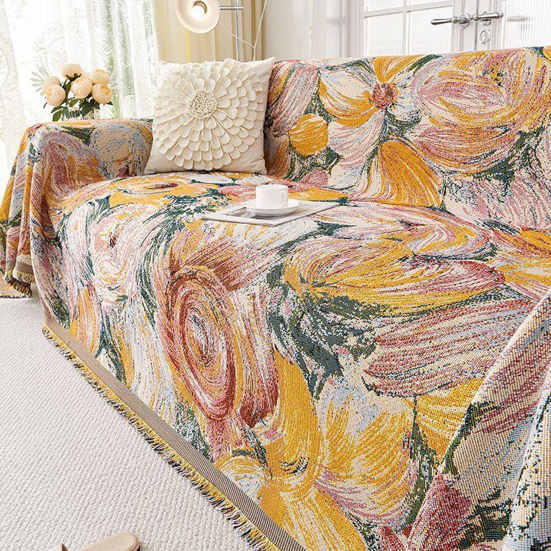 油画法式复古轻奢高级感仿棉麻沙发盖布沙发套罩四季通用万能盖毯,居家布艺,沙发垫,淘宝优惠券,粉丝福利购,淘宝优惠卷