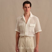 男夏季 AC粗针镂空零感透气亚麻古巴领短袖 衬衫 宽松休闲度假风衬衣