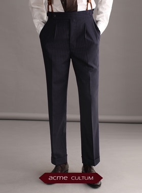 AC130支纯羊毛高腰单褶直筒条纹那不勒斯西裤男修身职业正装裤子