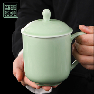 泥火匠景德镇青釉盖杯茶杯陶瓷办公杯带盖子马克杯水杯送父母的茶