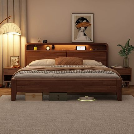 天坛家具北欧胡桃色现代简约单双人床1.8米1.5实木床主卧室经济型