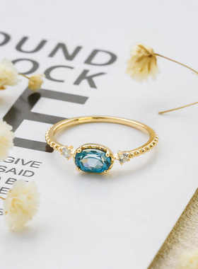 日系椭圆蓝色锆石戒指女款ins小