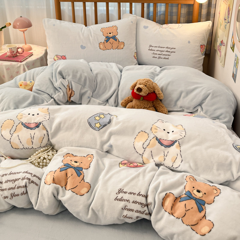 w 2025新款冬季加厚牛奶绒印花床单款绣花床裙款四件套