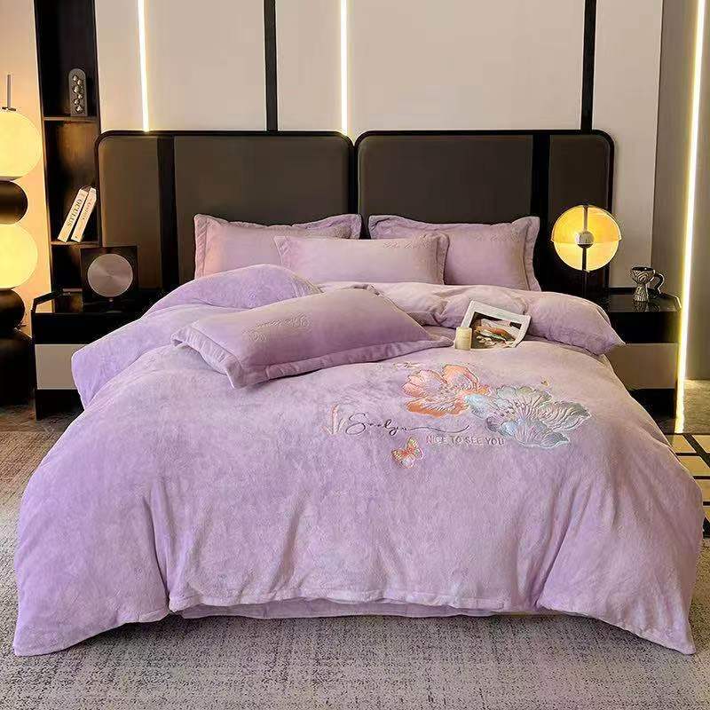 xn2025新款冬季加厚牛奶绒印花床单款绣花床裙款四件套