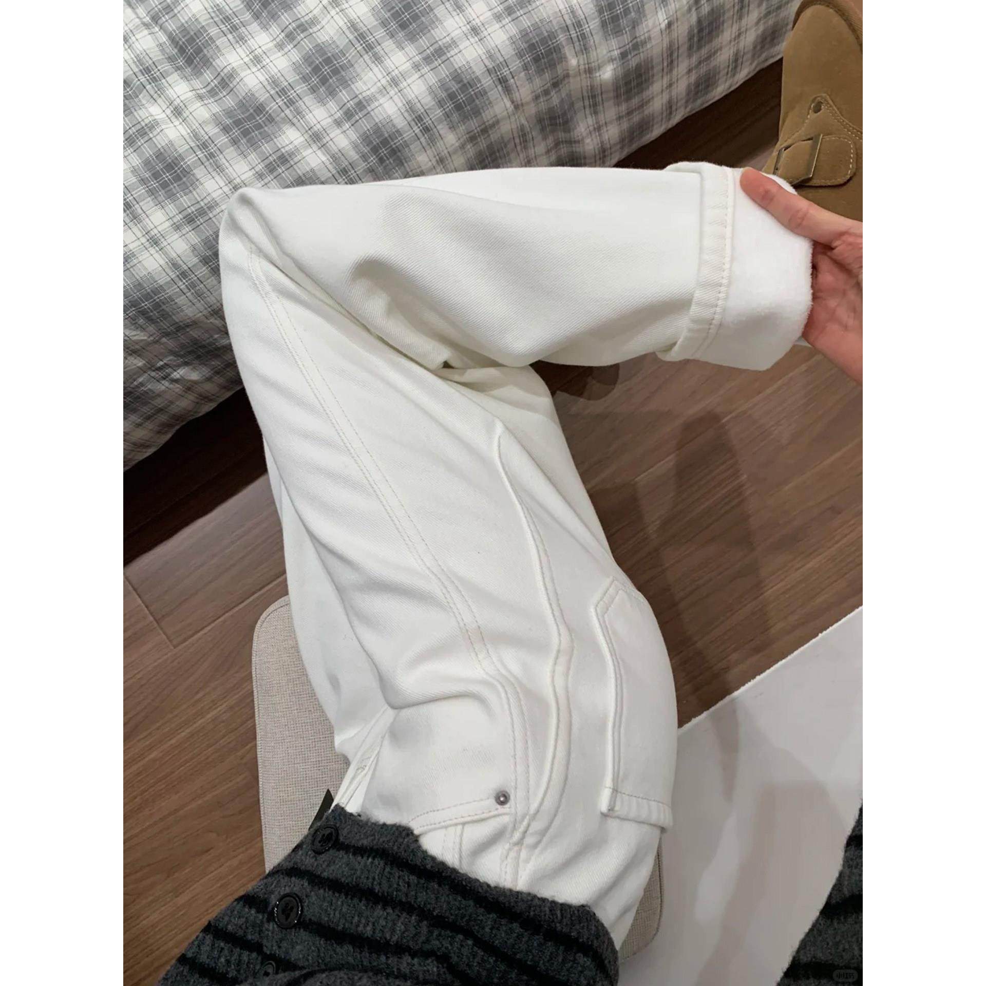 白色加绒牛仔裤女冬加厚直筒阔腿裤大码胖mm显瘦小个子窄版弯刀裤