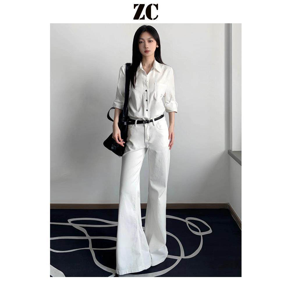 白色加绒不贴腿微喇牛仔裤女2025新款低腰显瘦小个子垂感直筒裤子