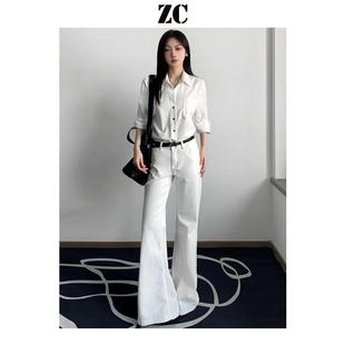 白色加绒不贴腿微喇牛仔裤女2025新款低腰显瘦小个子垂感直筒裤子