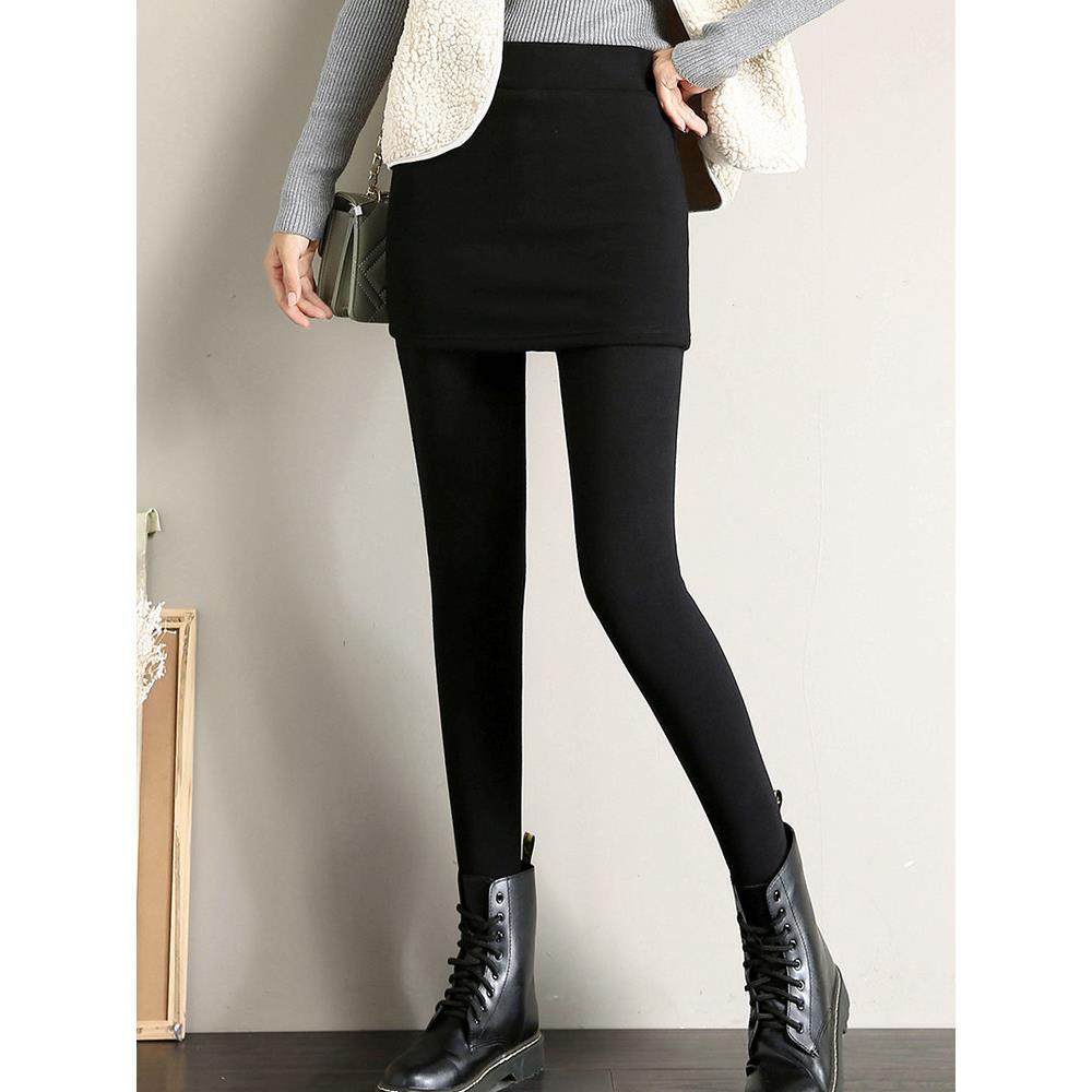 纯棉加绒大码包臀带裙假两件打底裤女秋冬季踩脚胖MM显瘦高腰外穿