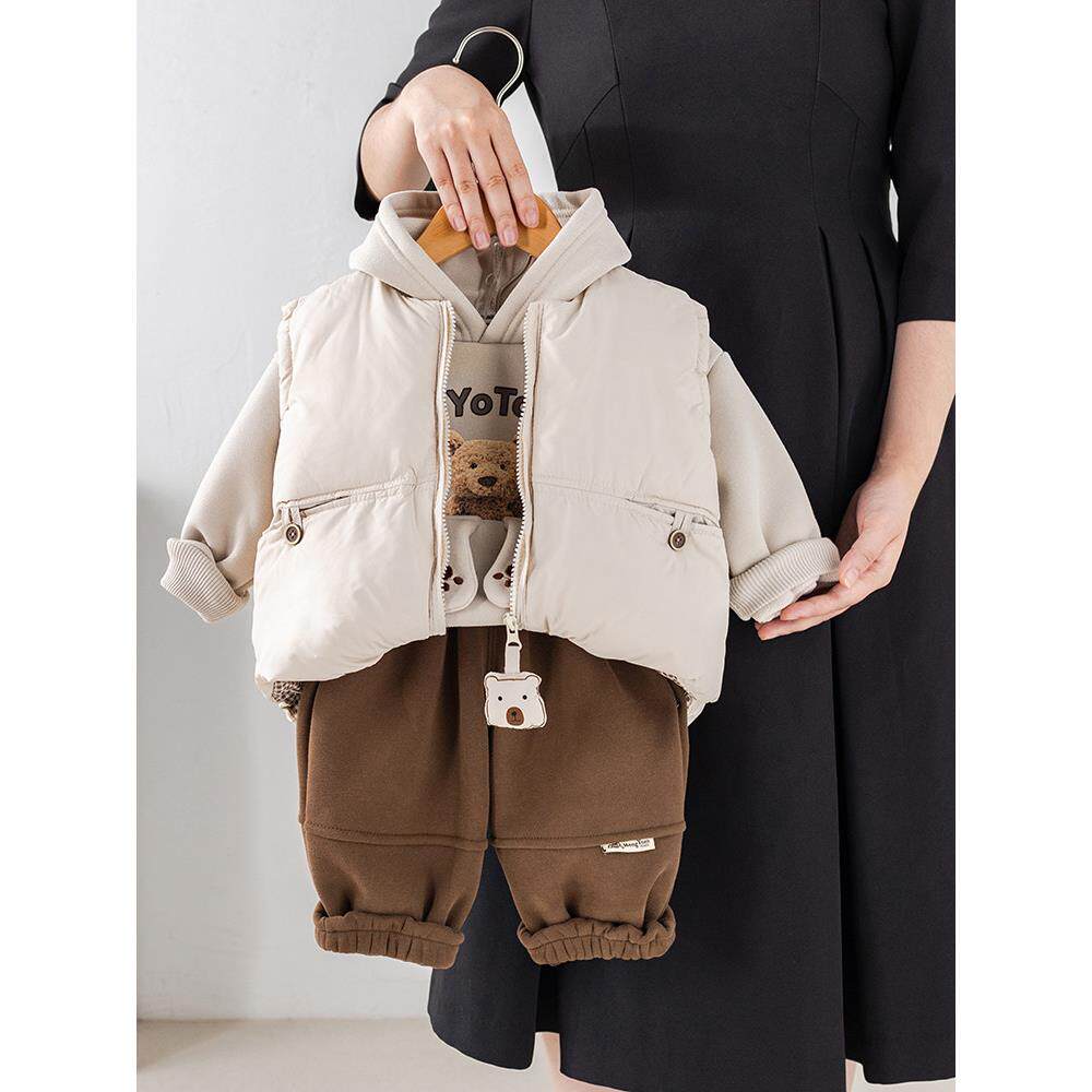 男童冬季套装宝宝加绒加厚马甲三件套小童棉服卫衣一体绒保暖外穿