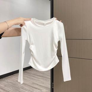 女童纯棉长袖t恤春秋打底衫内搭外穿白色中大儿童短款不规则上衣