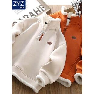 男童冬季一体绒加绒保暖卫衣2025新款男孩半高领防风洋气加厚上衣