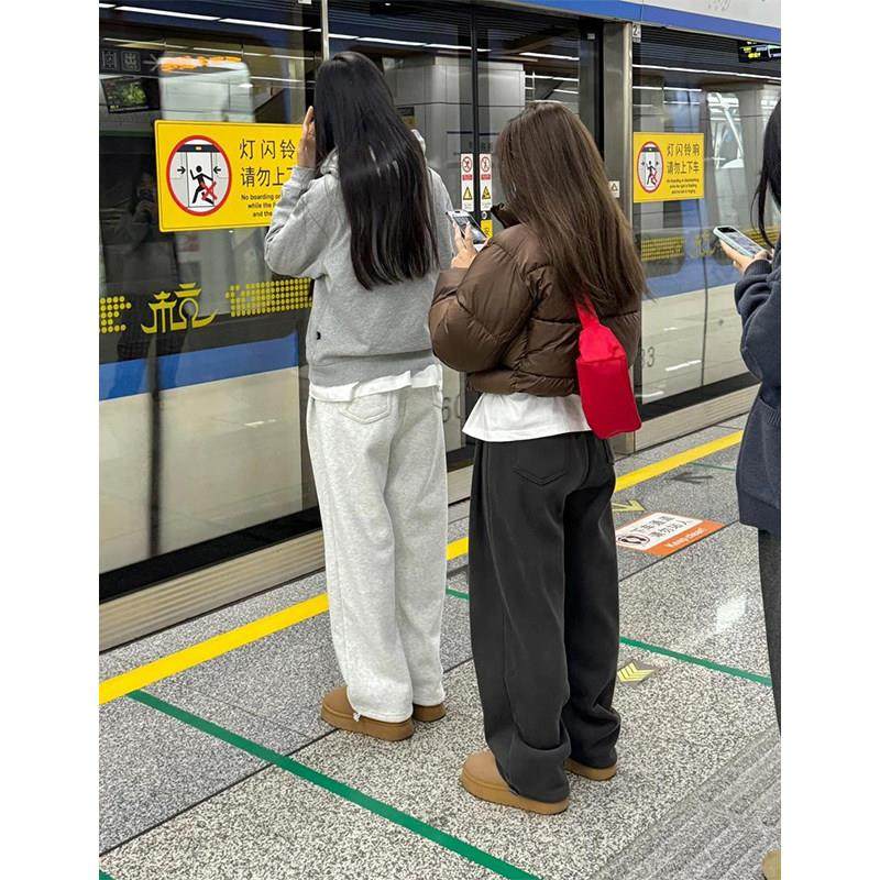 小个子直筒卫裤大码女秋季胖mm显瘦梨型身材深灰色阔腿束脚运动裤