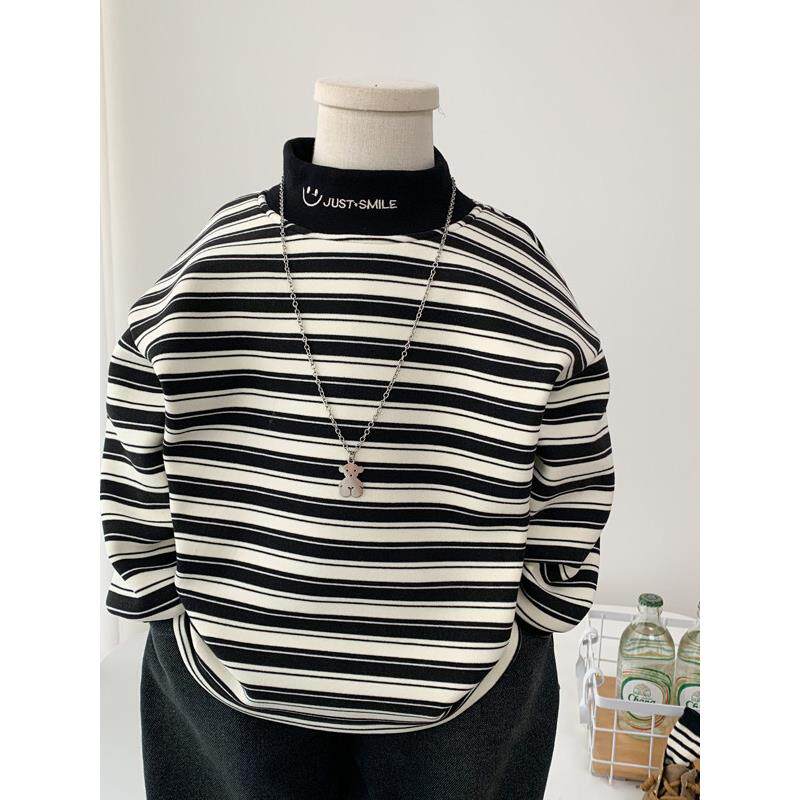 男童德绒长袖秋冬款2025新款中小童条纹加绒卫衣帅气儿童高领上衣