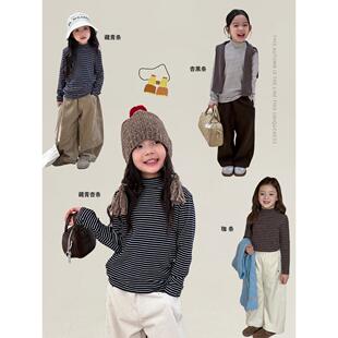 秋冬装中大女童中领条纹内搭打底衫儿童百搭慕斯羊绒长袖T恤上衣