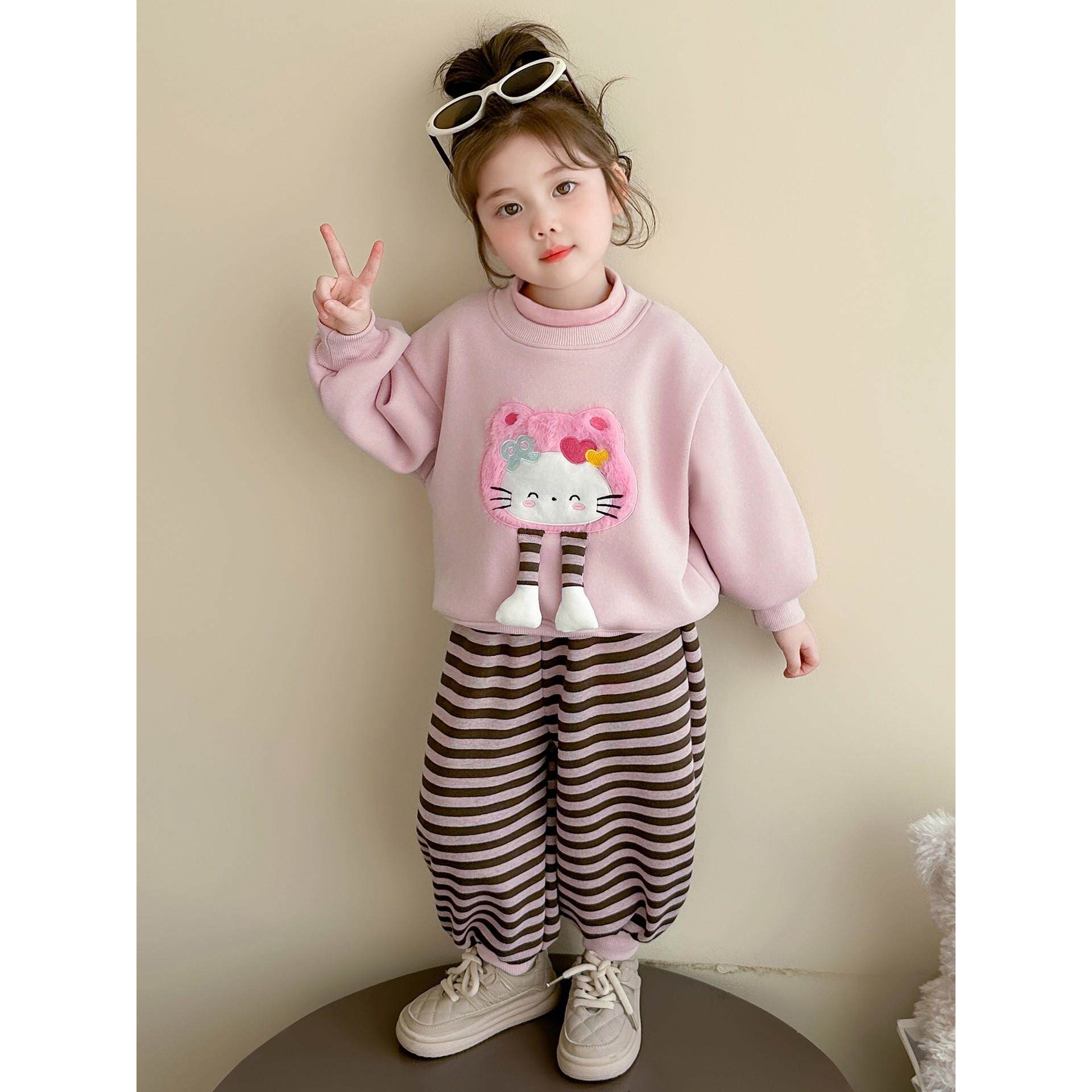 女童加绒卫衣秋冬季套装2025新款洋气时髦女孩冬款加厚休闲两件套