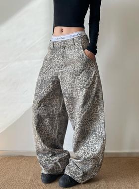 Hope88美式覆古做旧水洗豹纹工装裤女街头穿搭弯刀阔腿长裤情侣潮