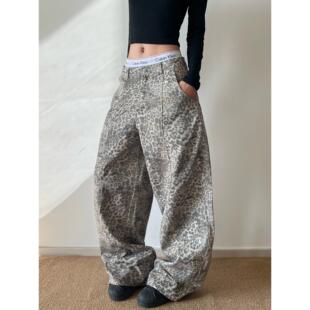 Hope88美式覆古做旧水洗豹纹工装裤女街头穿搭弯刀阔腿长裤情侣潮