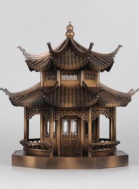 新中式禅意古铜色建筑中国风玄关柜茶桌八角凉亭样板间售楼部摆件