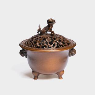 庆松堂苏工铜炉名家胡庆松制三足法盏狮钮紫铜熏炉手工覆古熏香炉