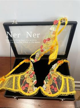 Ner度假风*黄色田园樱桃刺绣文胸蕾丝丁字裤两件套性感内衣套装