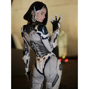 未来感AI机械姬连体衣cos连体裤 赛博朋克风机甲印花高弹紧身衣女