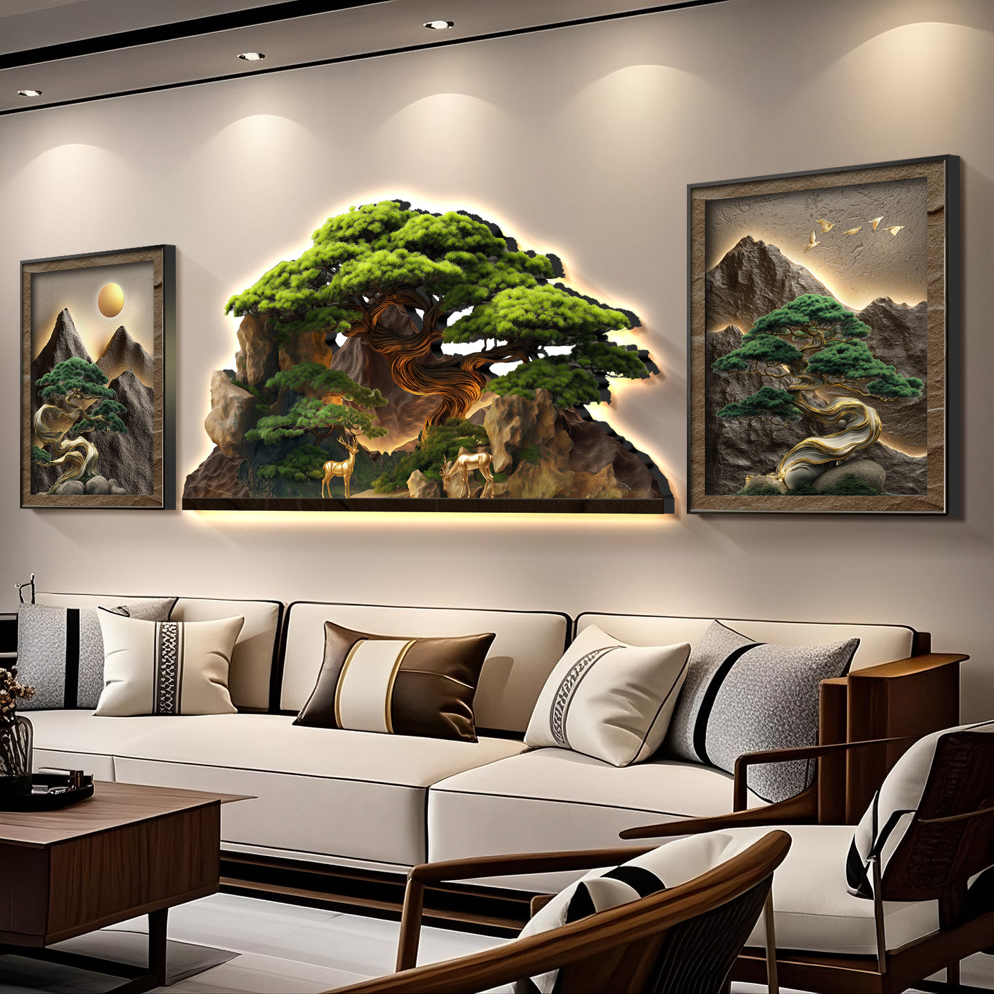 新中式客厅装饰画 画高档迎客松沙发背景墙三联画 画大气茶室山水