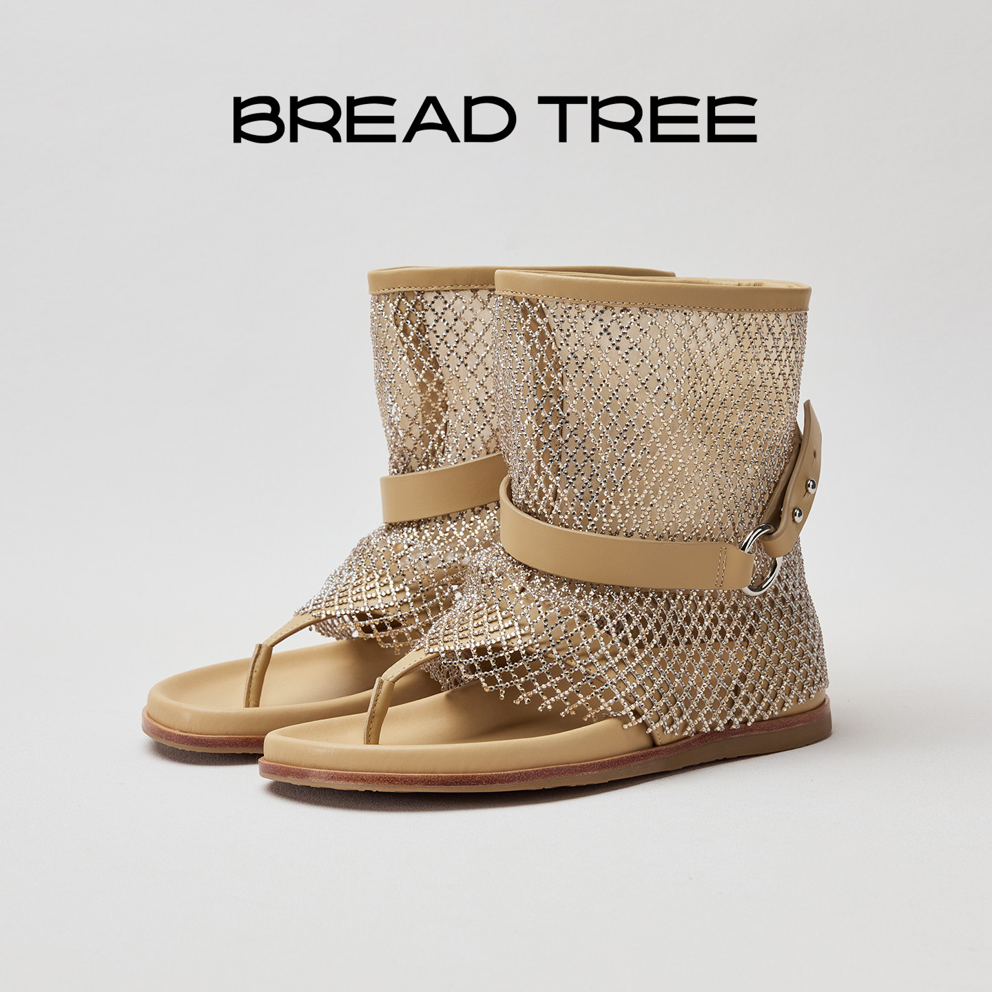 BREADTREE面包树  26年新款钻饰网面夹趾凉靴度假风镂空罗马凉鞋