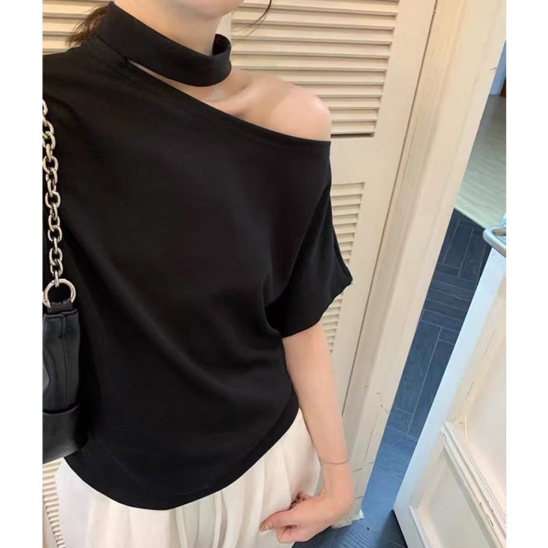 短袖T恤女2025夏季新款纯欲风百搭休闲宽松显瘦纯色挂脖露肩上衣