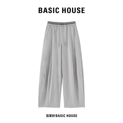 Basic House/百家好夏日凉感透气阔腿裤女松紧腰抽绳拼接休闲裤