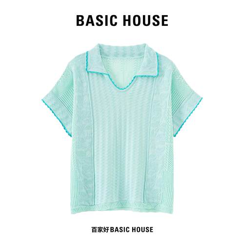 Basic House/百家好简约撞色Polo领针织短袖女薄款镂空百搭上衣