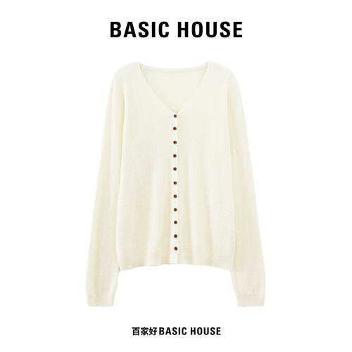 Basic House/百家好早秋慵懒风V领针织衫女纯色肌理感长袖上衣