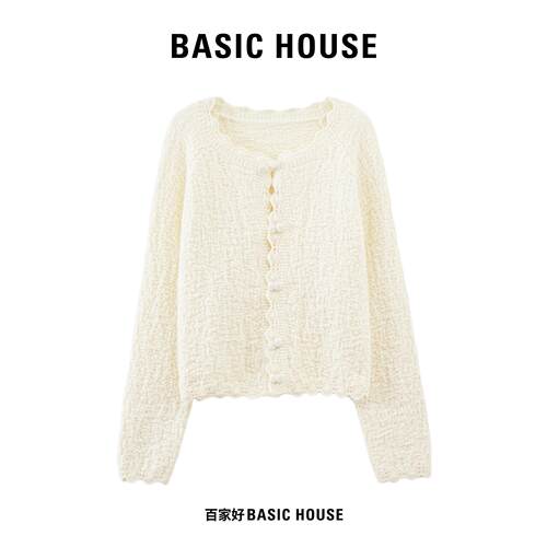 Basic House/百家好镂空提花针织开衫甜美花边门襟单排扣短款毛衣