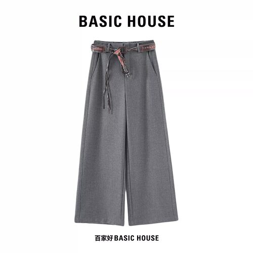 Basic House/百家好通勤阔腿长裤女垂坠感显瘦简约休闲直筒西装裤