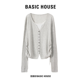 Basic House/百家好假两件v领针织衫女2026新款时尚百搭显瘦上衣