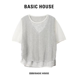 Basic House/百家好2025年夏季新款时尚设计V领假两件百搭针织衫