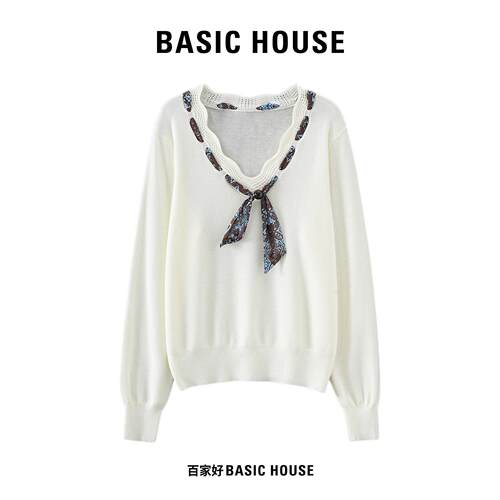 Basic House/百家好复古碎花飘带针织衫女木耳边气质v领打底上衣