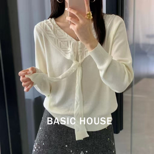 Basic House/百家好早秋新款披肩飘带针织衫宽松显瘦简约气质上衣