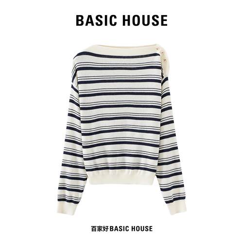 Basic House/百家好简约一字肩排扣针织衫女宽松收摆气质通勤上衣