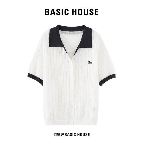 Basic House/百家好黑白拼色翻领短袖针织衫女立体麻花纹宽松上衣