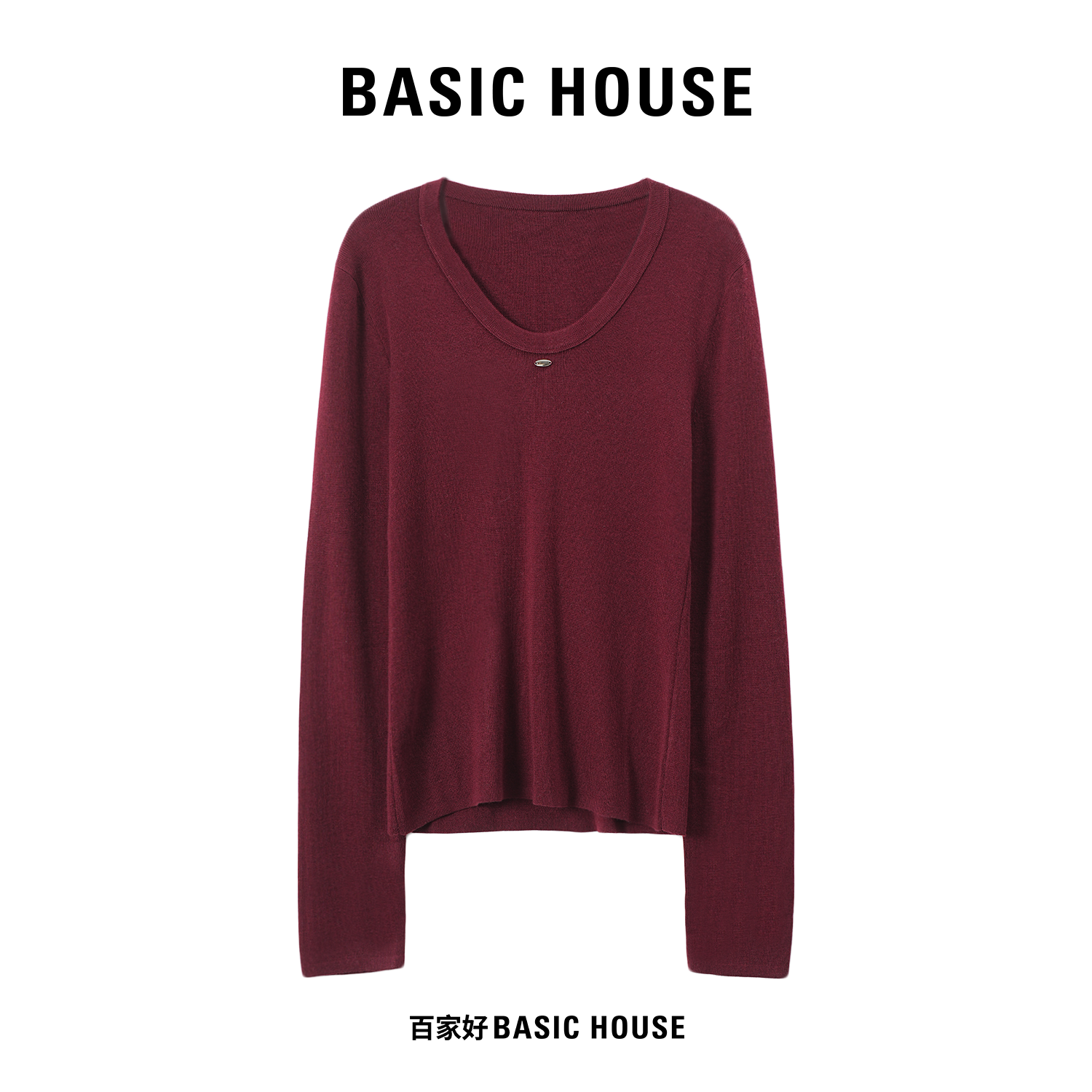 Basic House/百家好低圆领套头针织衫女2025新款亲肤细羊毛打底衫