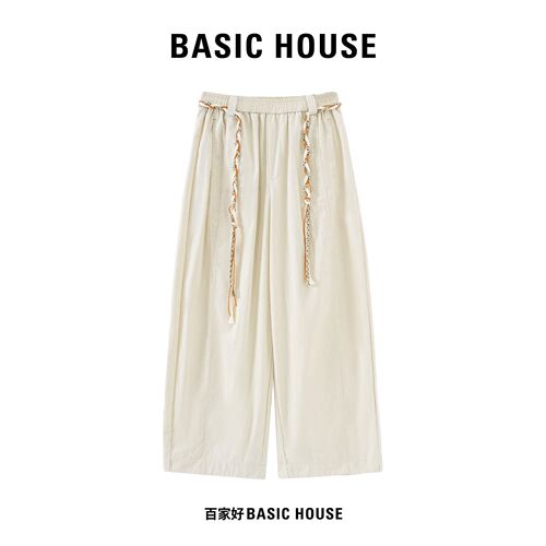 Basic House/百家好透气撞色编织抽绳阔腿裤女高腰宽松显瘦休闲裤
