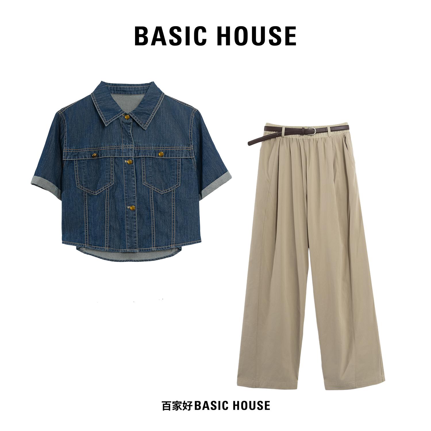 百家好牛仔短袖高腰休闲裤套装女