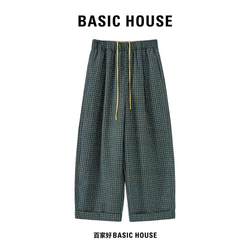 Basic House/百家好慵懒风透气薄款格纹阔腿松紧腰撞色抽绳休闲裤